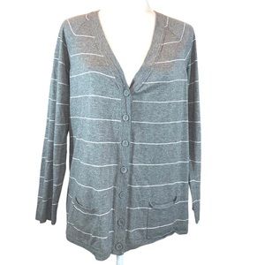 Talbots sz L grey w white stripe button up V-neck long sleeve knit cardigan